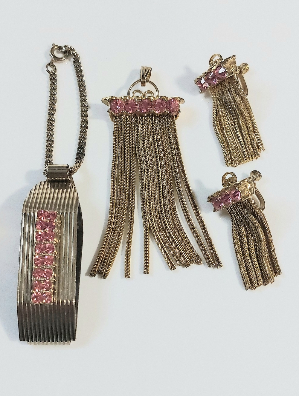 Vintage Gold-Tone Tassel Pendant, Earrings, Glove Clip Set with Pink Stones